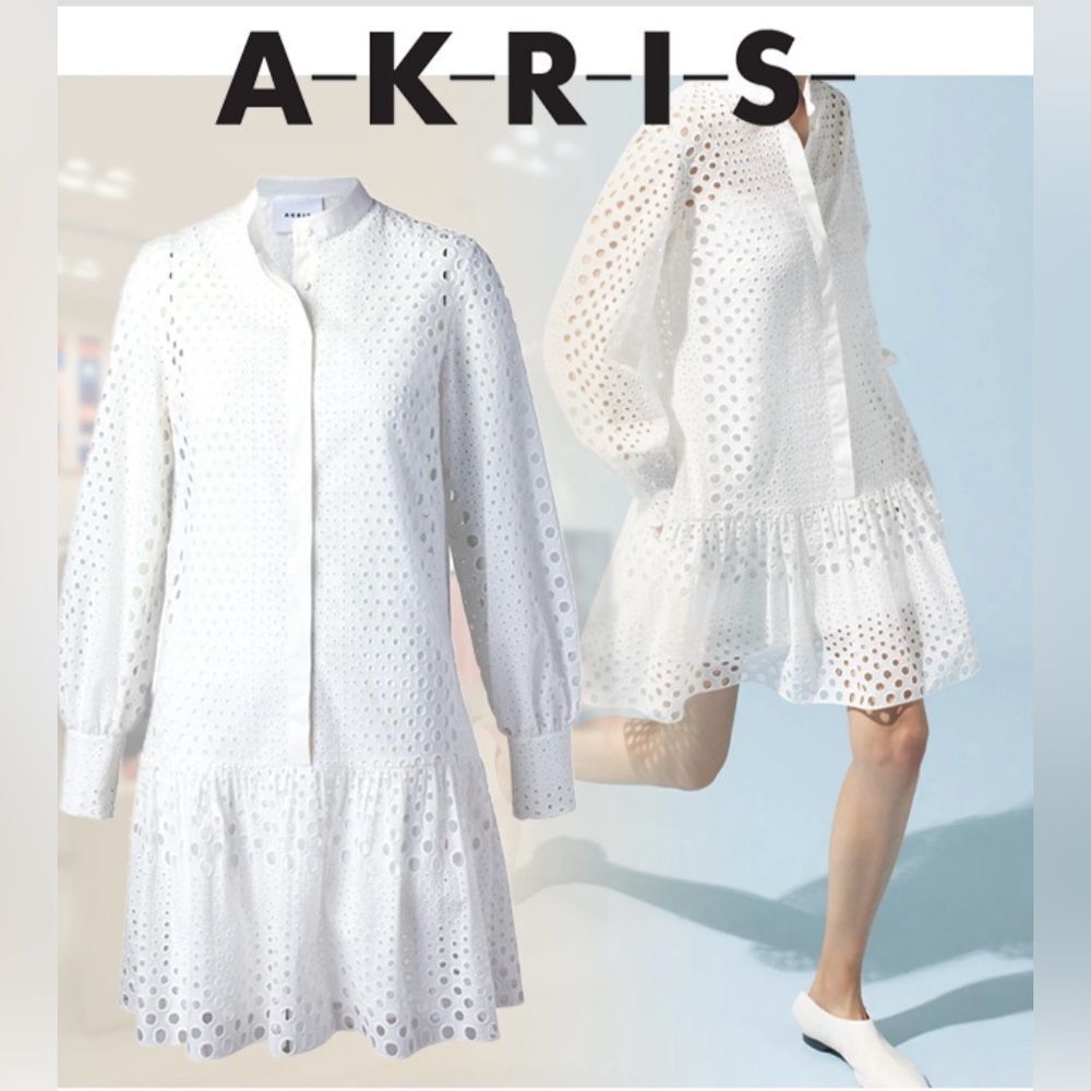Akris Punto Elegant White Eyelet Long Sleeve Dress, US4